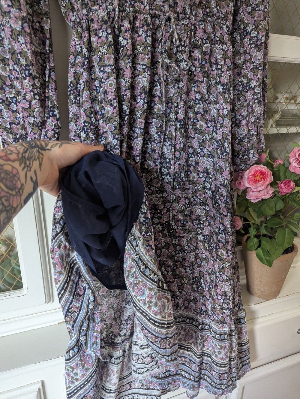 ๐๐ธLB Prairie Floral Boho Long-Sleeve Midi Dress Lavender Navy Made Festival - Picture 11 of 14
